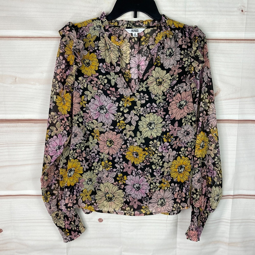 BB Dakota Top Womens M Floral Ruffle Blouse Smocked Sleeve Pullover Chiffon